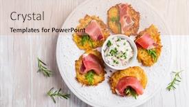  Presentation with dip - Beautiful slide deck featuring potato-pancake-with-prosciutto backdrop and a coral colored foreground
