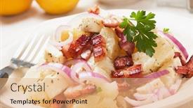  Presentation with feta cheese - PPT theme with potato salad with feta cheese and fried bacon background and a coral colored foreground