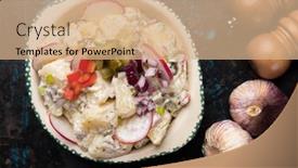  Presentation with salad dressing - PPT theme with potato-salad-with-pickles-onion background and a coral colored foreground