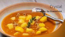  Presentation with beef meat soup - Presentation theme consisting of potato-soup-with-ground-beef background and a coral colored foreground