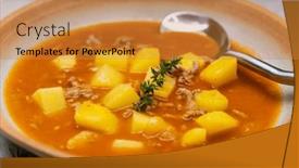 Presentation with beef meat soup - Slide set having potato-soup-with-ground-beef background and a gold colored foreground