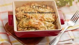  Presentation with baking - Colorful theme enhanced with french style indoor shot - potatoes a la dauphinoise backdrop and a coral colored foreground