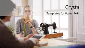  Presentation with potential - Colorful slide set enhanced with potensial - female dressmaker is communicating backdrop and a light gray colored foreground