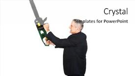  Presentation with chainsaw - Presentation theme featuring potent man - furious mature businessman with chainsaw background and a  colored foreground