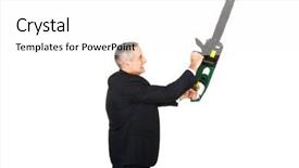  Presentation with chainsaw - Slides enhanced with potent man - furious mature businessman with chainsaw background and a  colored foreground