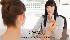  Presentation with potential - Slide set consisting of potential employee talks to the business woman in her office background and a coral colored foreground