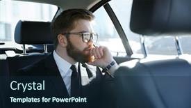  Presentation with car seat - Amazing presentation design having potrait of a concentrated bearded business man in eyeglasses sitting in the back seat of car backdrop and a navy blue colored foreground