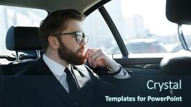 Presentation with car seat - Slide set with potrait of a concentrated bearded business man in eyeglasses sitting in the back seat of car background and a navy blue colored foreground