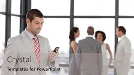  Presentation with text message - PPT layouts featuring potrait of a smiling businessman sending a text message background and a light gray colored foreground