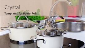  Presentation with kitchen tools and equipment - Beautiful slide deck featuring pots on stove in kitchen backdrop and a soft green colored foreground
