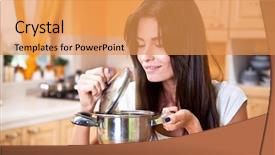  Presentation with kitchen - PPT theme enhanced with pots pans - beautiful young housewife background and a yellow colored foreground