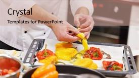  Presentation with work the word in your life - Slide set consisting of pots pans - chef at work background and a coral colored foreground