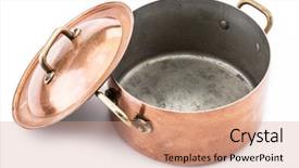  Presentation with copper - Cool new slides with pots pans - opened copper pan and cover backdrop and a coral colored foreground