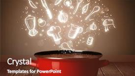  Presentation with cooking - Slides with pots pans - shiny cooking icons coming background and a tawny brown colored foreground