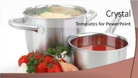  Presentation with spaghetti - Audience pleasing PPT theme consisting of pots pans - spaghetti and tomato sauce backdrop and a  colored foreground