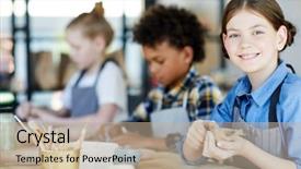  Presentation with piece of the pie - Slide set enhanced with pottery kid - happy schoolgirl looking at you background and a mint green colored foreground