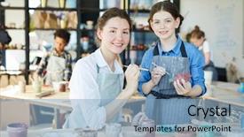  Presentation with students - Audience pleasing slide deck consisting of pottery kid - happy young teacher and one backdrop and a light blue colored foreground