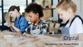  Presentation with race - Colorful slide set enhanced with pottery kid - mixed-race schoolboy sitting by table backdrop and a mint green colored foreground