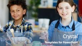  Presentation with handcraft - Colorful presentation enhanced with pottery kid - schoolgirl with paintbrush going backdrop and a teal colored foreground