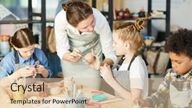  Presentation with handcraft - Amazing slide set having pottery kid - teacher of handcraft showing one backdrop and a lemonade colored foreground