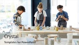  Presentation with creative - Amazing PPT layouts having pottery kid - three creative children standing backdrop and a soft green colored foreground
