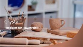  Presentation with workshop tools - Audience pleasing PPT theme consisting of pottery-tools-cup-and-clay backdrop and a violet colored foreground