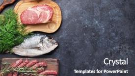  Presentation with meat poultry - Audience pleasing slides consisting of poultry - sausages fish meat and ingredients backdrop and a dark gray colored foreground