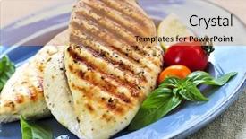  Presentation with pita bread on plate - Slide deck featuring poultry foods - grilled chicken breasts background and a coral colored foreground