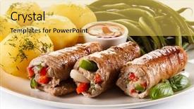  Presentation with meat poultry - Slide deck consisting of poultry grill meat - wrapped pork chop boiled potatoes background and a  colored foreground