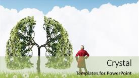  Presentation with green tree - Theme consisting of poumons - blond woman in red coat background and a mint green colored foreground
