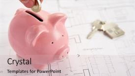  Presentation with keys - Slide set consisting of pound coins - piggybank with house plans background and a soft green colored foreground