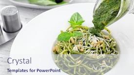  Presentation with pasta sauce - Audience pleasing slides consisting of pouring basil pesto sauce onto pasta in plate backdrop and a sky blue colored foreground