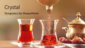  Presentation with black tea - Beautiful PPT layouts featuring pouring black tea into glass backdrop and a coral colored foreground