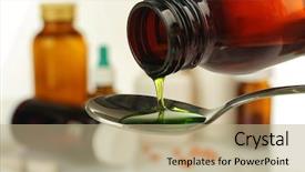  Presentation with syrup drugs - PPT theme featuring pouring cough syrup into spoon background and a coral colored foreground