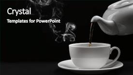  Presentation with black tea - Theme having pouring hot tea from a kettle into a cup on black background close up background and a black colored foreground