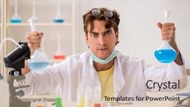  Presentation with chemist - Slides having pouring liquid beaker - funny crazy chemist doing experiments background and a lemonade colored foreground