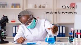  Presentation with black liquid - Theme featuring pouring liquid beaker - young black chemist working background and a soft green colored foreground