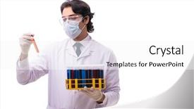  Presentation with chemist - Slides having pouring liquid beaker - young chemist isolated on white background and a  colored foreground