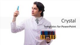  Presentation with chemist - Presentation design with pouring liquid beaker - young chemist isolated on white background and a white colored foreground