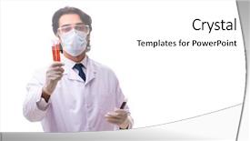  Presentation with chemist - Cool new slide deck with pouring liquid beaker - young chemist isolated on white backdrop and a  colored foreground