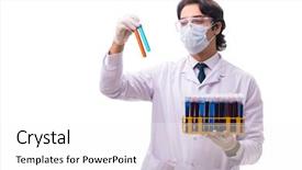  Presentation with teachnology and brain white - Amazing PPT theme having pouring liquid beaker - young chemist isolated on white backdrop and a  colored foreground