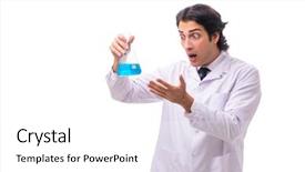  Presentation with chemist - Cool new slides with pouring liquid beaker - young chemist isolated on white backdrop and a  colored foreground
