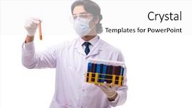  Presentation with chemist - PPT theme having pouring liquid beaker - young chemist isolated on white background and a  colored foreground