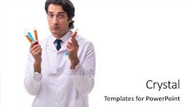  Presentation with chemist - Presentation theme consisting of pouring liquid beaker - young chemist isolated on white background and a white colored foreground