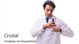  Presentation with chemist - Presentation theme featuring pouring liquid beaker - young chemist isolated on white background and a white colored foreground