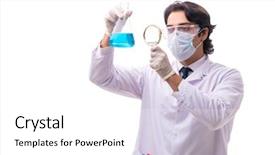  Presentation with chemist - Cool new presentation theme with pouring liquid beaker - young chemist isolated on white backdrop and a white colored foreground