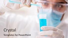  Presentation with chemist - Beautiful slide set featuring pouring liquid beaker - young chemist student working backdrop and a light gray colored foreground