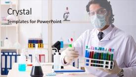  Presentation with chemist - Amazing presentation design having pouring liquid beaker - young handsome chemist working backdrop and a sky blue colored foreground