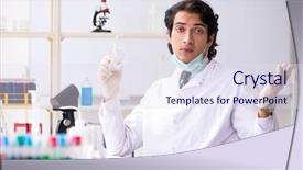  Presentation with chemist - Colorful presentation theme enhanced with pouring liquid beaker - young handsome chemist working backdrop and a  colored foreground
