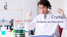  Presentation with chemist - Colorful presentation design enhanced with pouring liquid beaker - young handsome chemist working backdrop and a sky blue colored foreground
